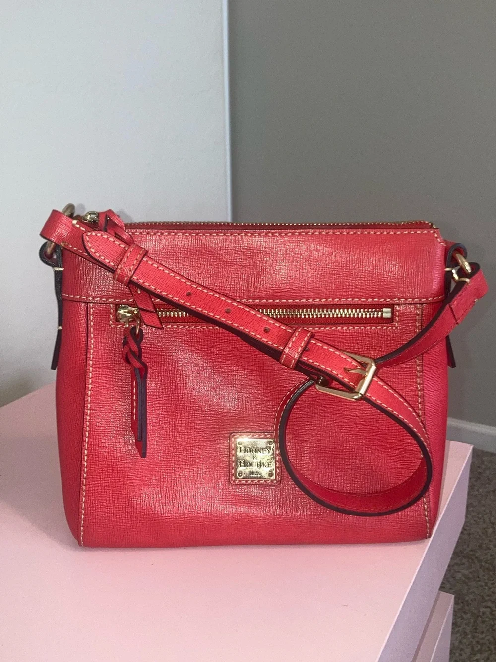 Dooney & Bourke Coral-Red Leather Crossbody with Gold Hardware